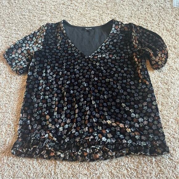 Madewell velvet floral ruffle blouse tshirt - Picture 2 of 7